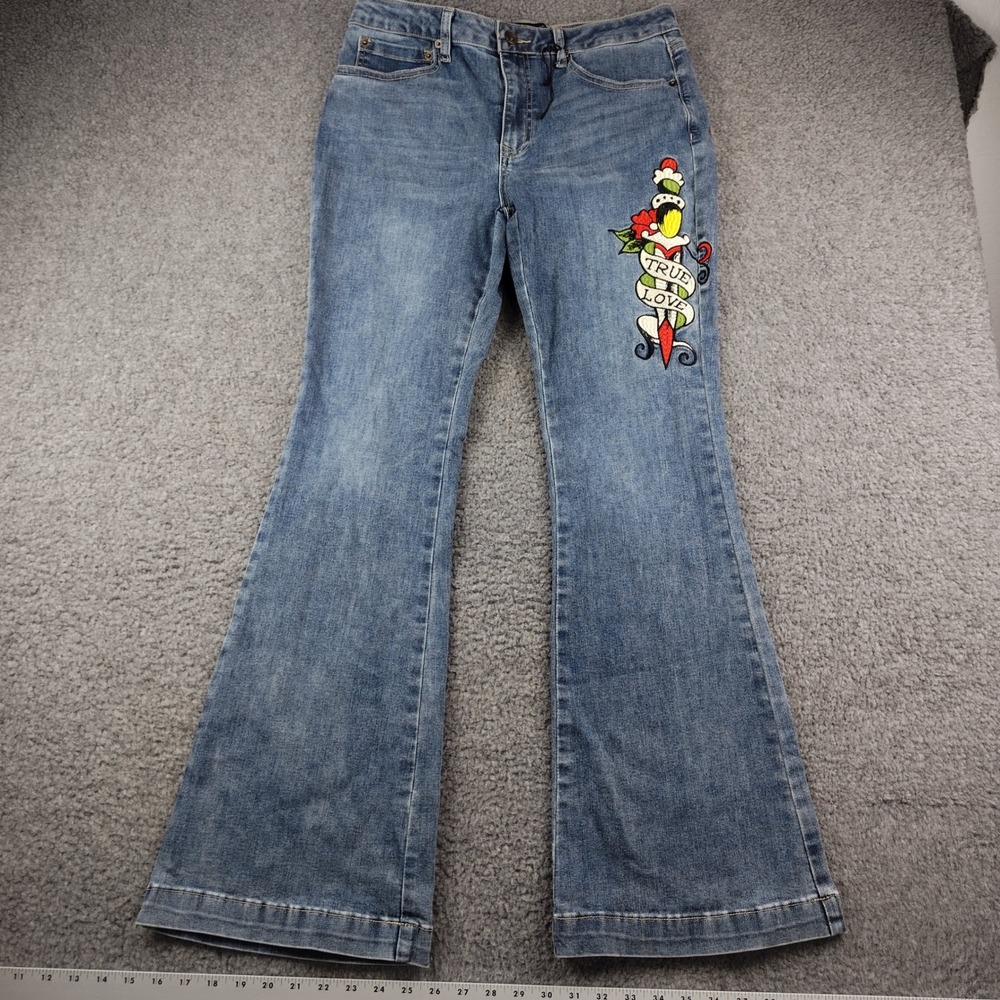 Ed Hardy Flare Jeans Blue Tattoo True Love Eternal Embroider Sz 32x32 High Rise